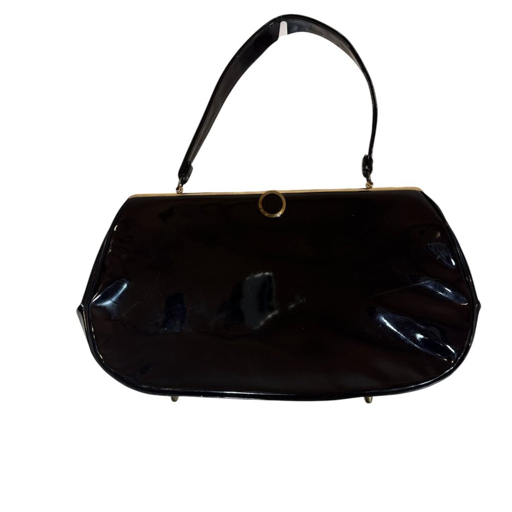 Vintage 1950/60's Large BLACK Vinyl Top Handle Purse/Bag Satchel Clasp Lock